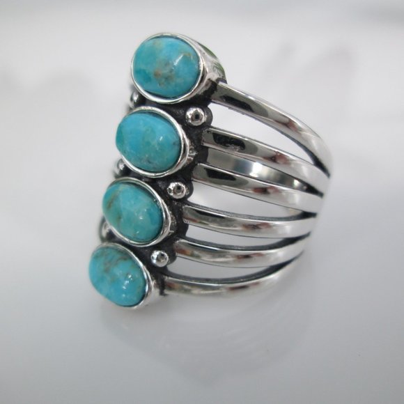 Genuine Turquoise Ring>925 Sterling 4 Stone Turquoise Ring,Stacked Turquoise - Picture 7 of 7